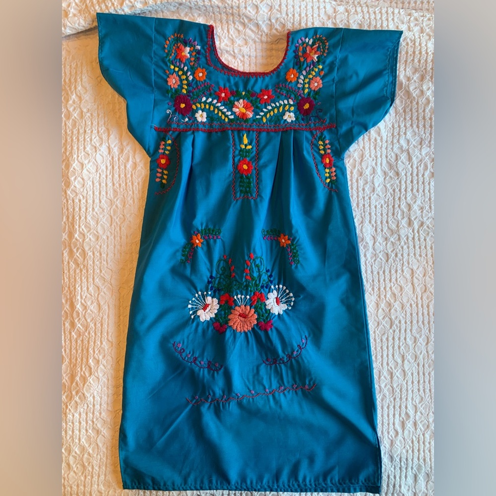 Embroidered Blue Kids Casual Dress - Picture 9 of 16